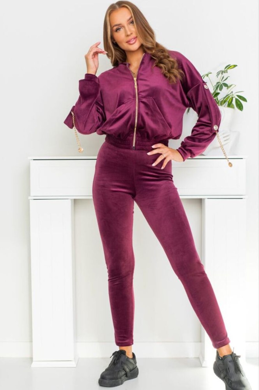 Odziez Stylowo | Dres Welurowy Military La Perla Bluza+Spodnie - Bordo