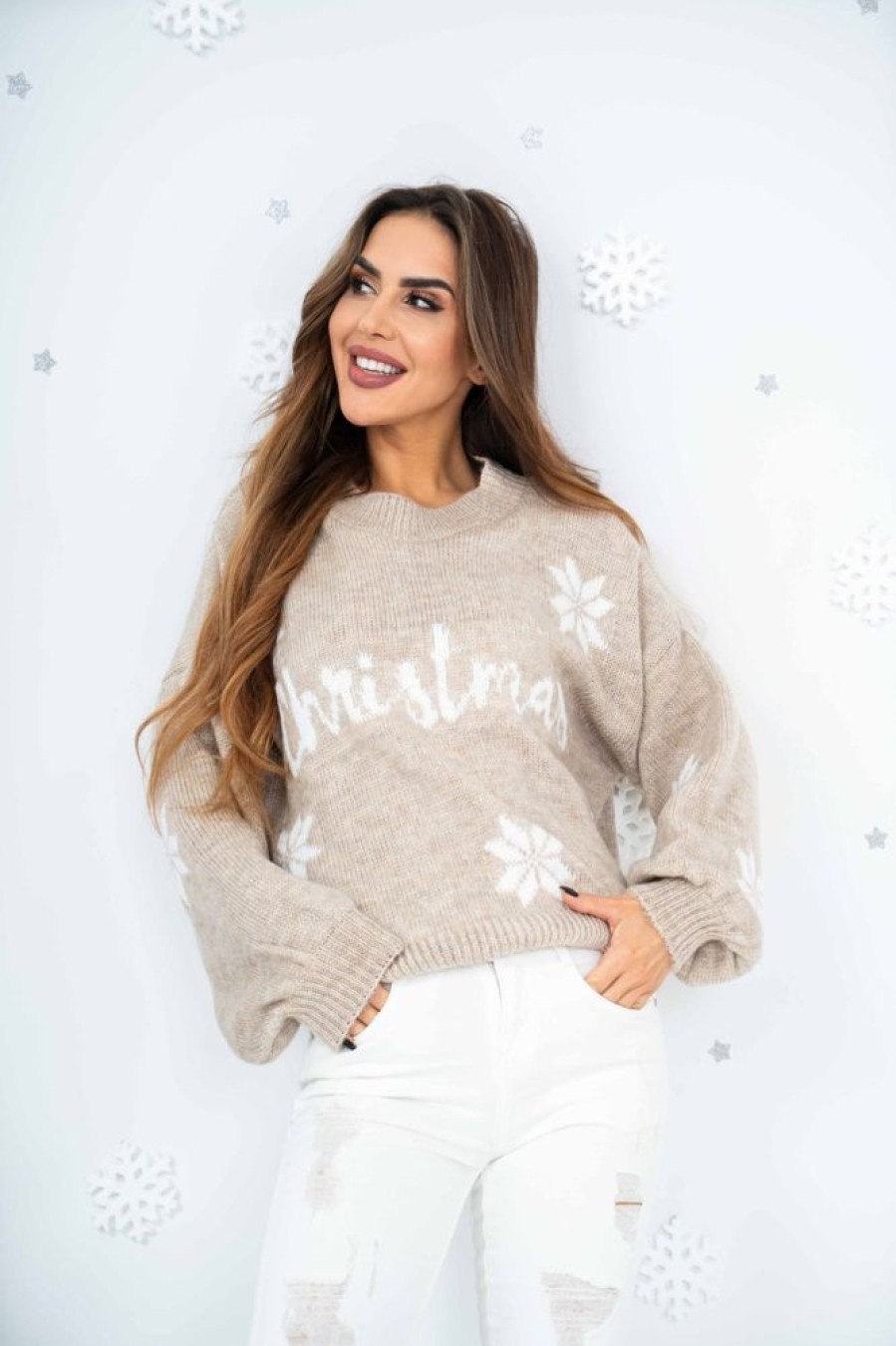 Odziez Stylowo | Swiateczny Krotki Sweter Print Christmas Polski Producent Tmc - Bezowo - Bialy