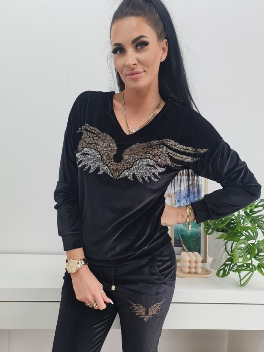 Odziez Stylowo | Dres Welurowy Premium Eagle Orzel Bluza W Serek + Spodnie - Czarny