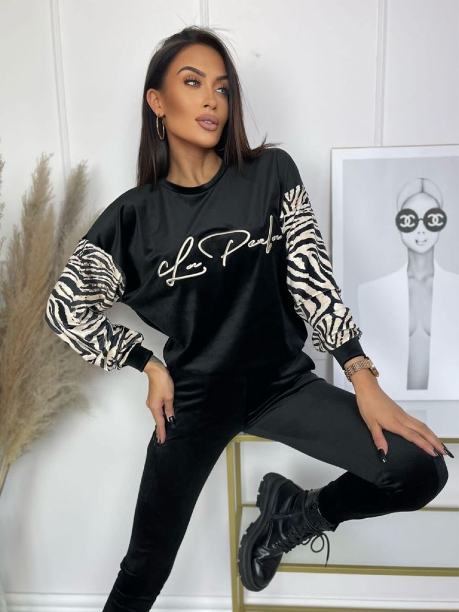 Odziez Stylowo | Welurowy Dres Animal Velour Logo La Perla Bluza+Spodnie - Rekawy Zebra Jasna