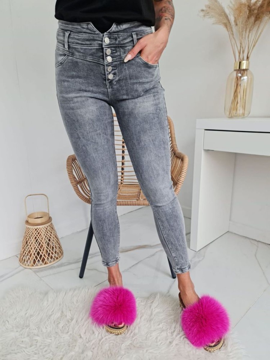 Odziez Stylowo | Szare Spodnie Jeansowe Luis Jeans Re-Dress Guziki I Wysoki Stan