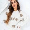 Odziez Stylowo | Swiateczny Krotki Sweter Print Merry Polski Producent Tmc - Bialy - Mokka