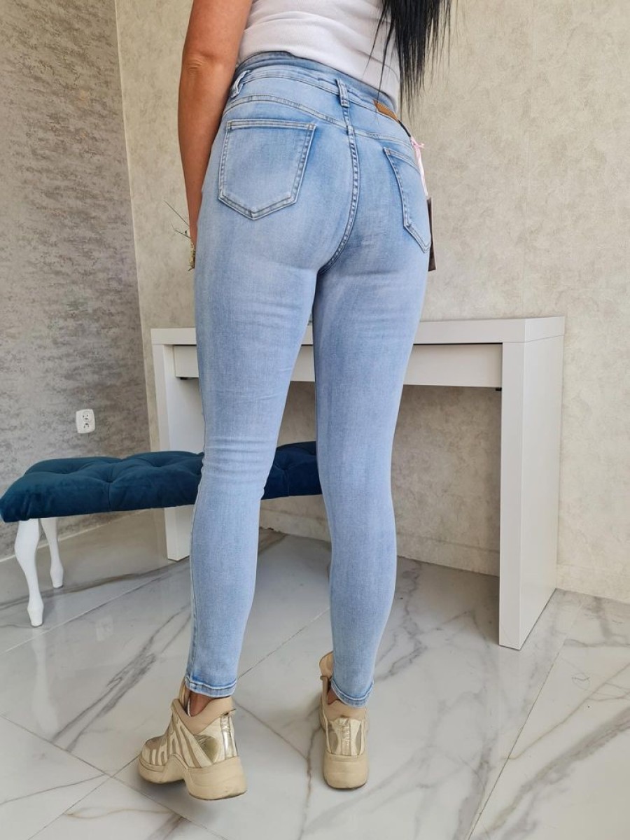 Odziez Stylowo | Spodnie Jeansowe Fedra Na Guziki Z Wysokim Stanem - Jasny Jeans