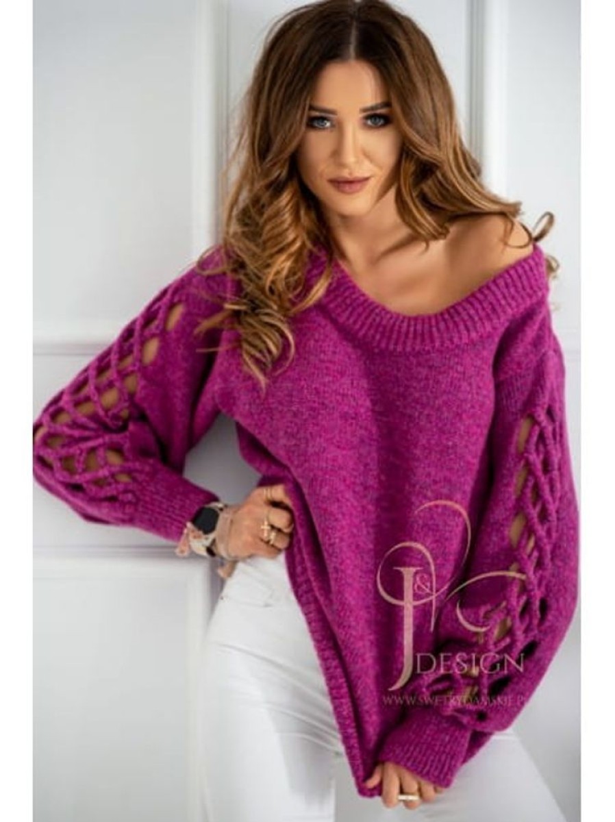 Odziez Stylowo | Sweter Marita Azurowy Rekaw Luzny Kroj Polski Producent J&K Premium - Purpura