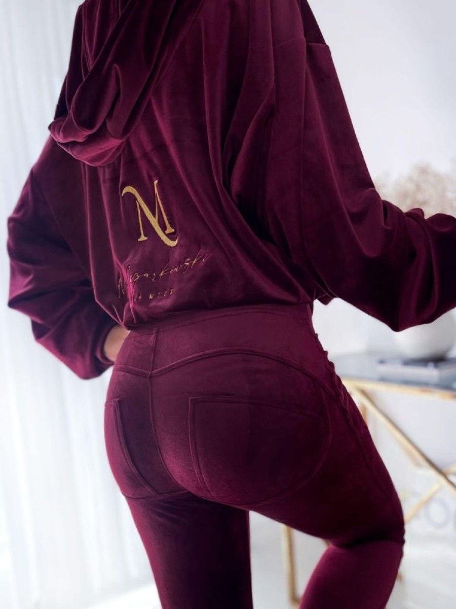 Odziez Stylowo | Nowosc Komplet Dresowy Z Weluru Logo Mielczarkowski Legginsy + Bluza Oversize - Bordo