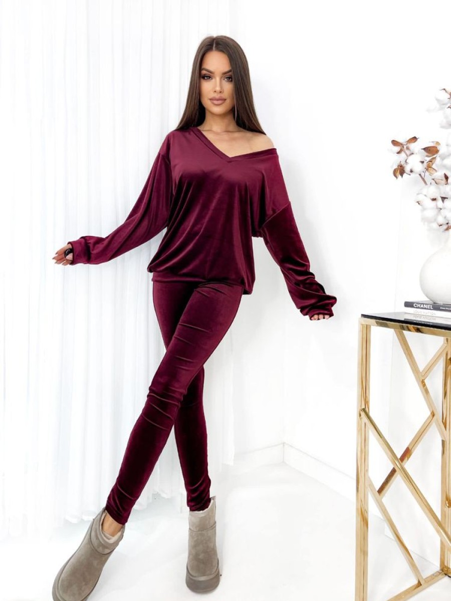 Odziez Stylowo | Komplet Dres Welurowy Mielczarkowski Bluza W Serek + Legginsy Polski Produkt - Bordo