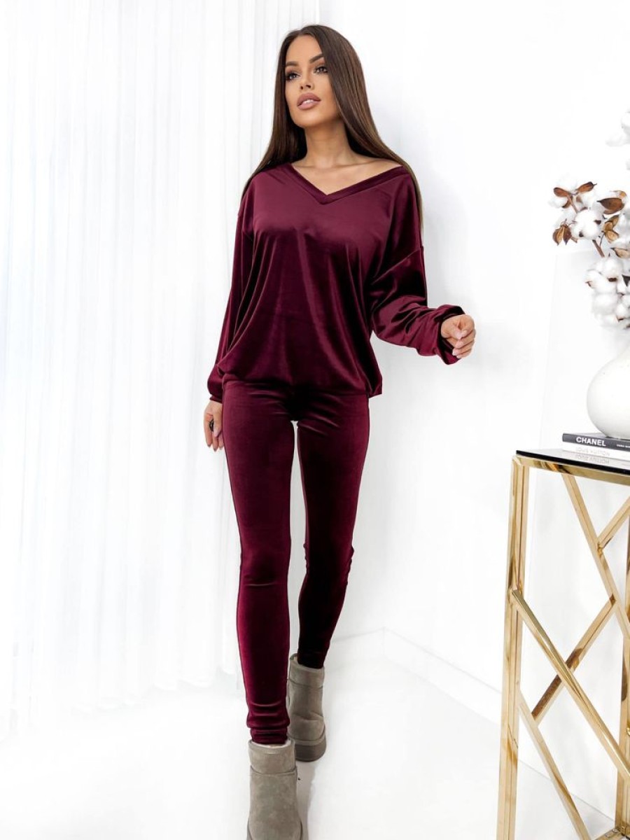 Odziez Stylowo | Komplet Dres Welurowy Mielczarkowski Bluza W Serek + Legginsy Polski Produkt - Bordo