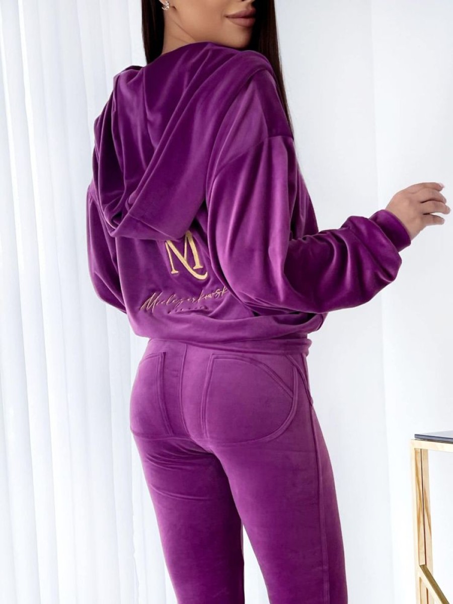 Odziez Stylowo | Nowosc Komplet Dresowy Z Weluru Logo Mielczarkowski Legginsy + Bluza Oversize - Lawendowy Fiolet