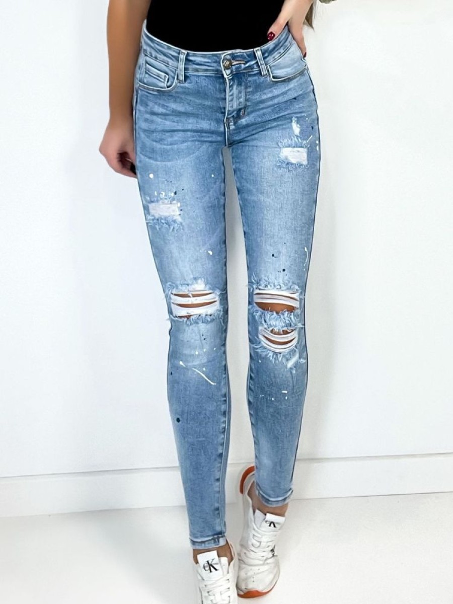 Odziez Stylowo | Spodnie Rurki Jeansowe Fantasy M.Sara Jasny Jeans - Paint