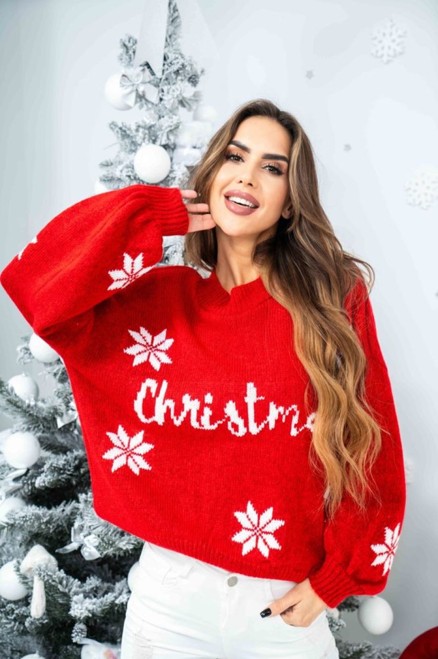 Odziez Stylowo | Swiateczny Krotki Sweter Print Christmas Polski Producent Tmc - Czerwono-Bialy