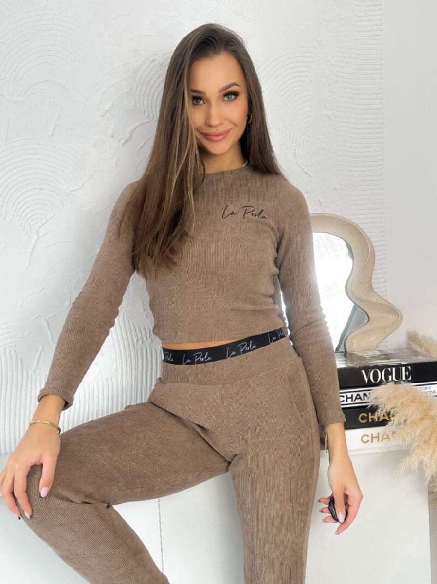 Odziez Stylowo | Dres Komplet Allure La Perla Premium Bluzka + Spodnie Z Guma A'La Sztruks- Cappuccino